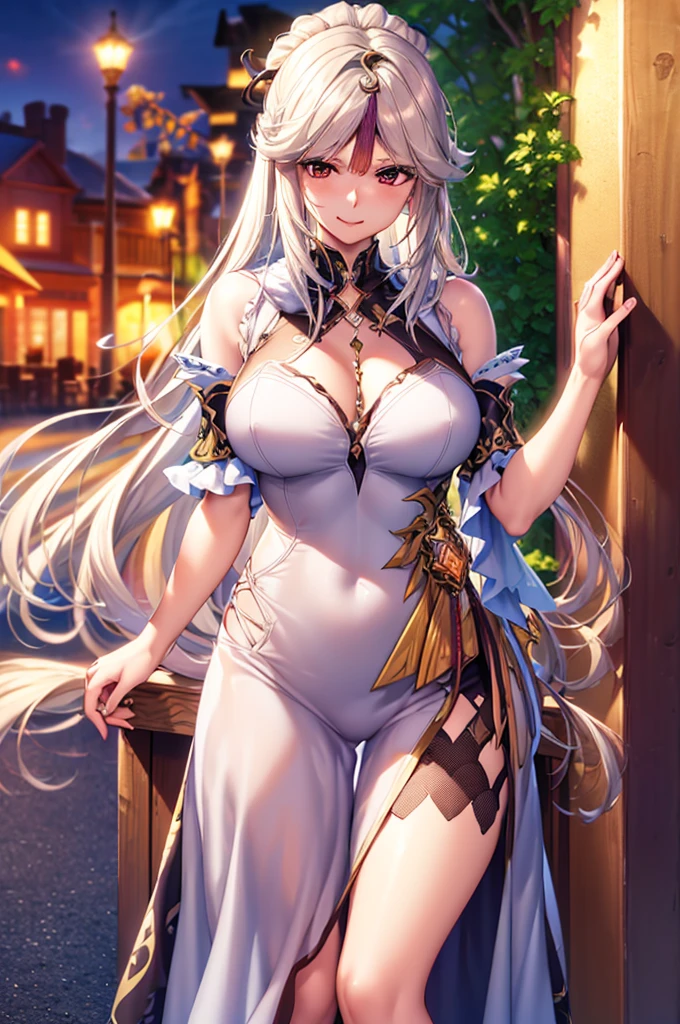 masterpiece)),((Highest quality)),High resolution,Highly detailed CG,Perfect lighting,8k wallpaper、One Woman, alone、Very long hair、Red Eyes、Very large breasts、Very large breasts、very thick legs、Looking into the camera、Captivating smile,White clothing