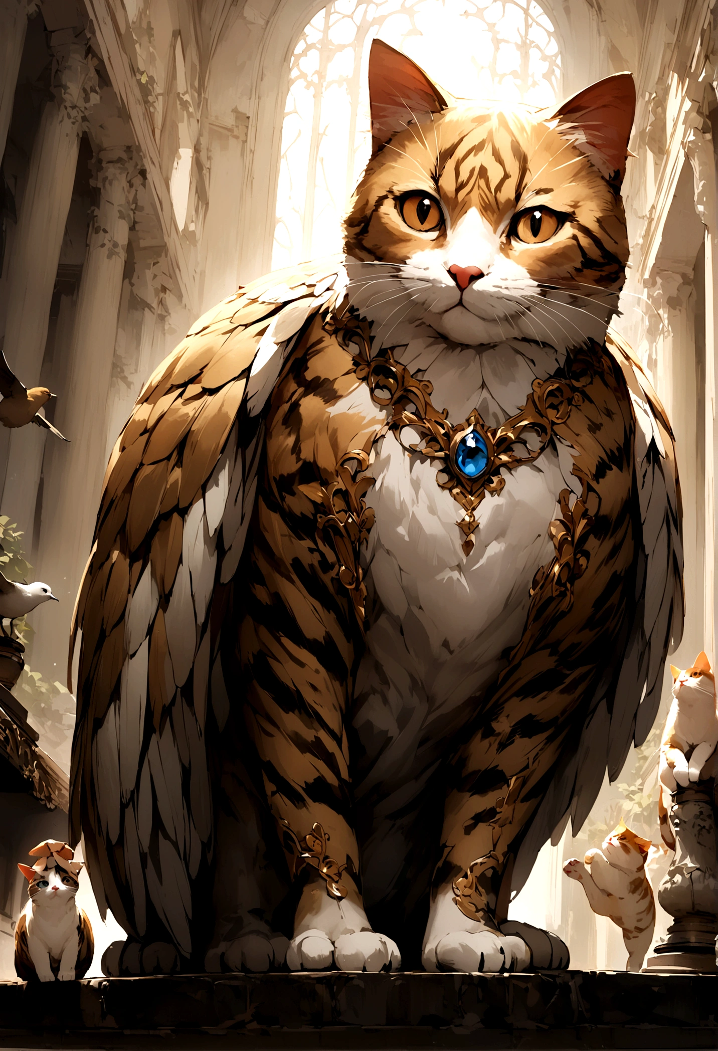 I want you to create a hybrid animal with the body of a bird and the head of a cat, extremely real and impactful.