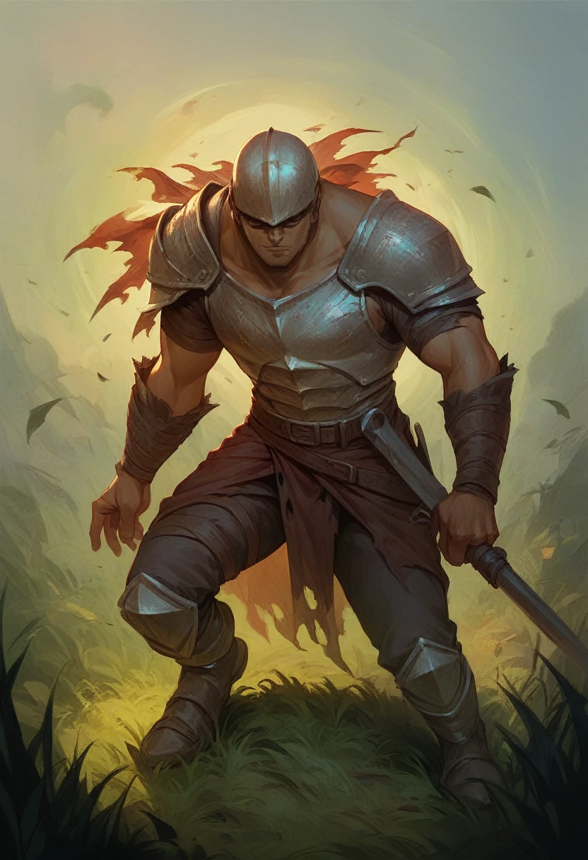 Man drawn in sombre colours, sharp expression, yellowish green, dead grass, warrior armor