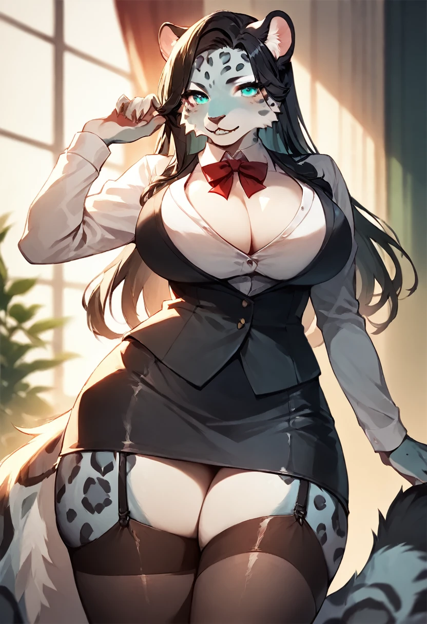 score_9, score_8_up, score_7_up, score_6_up, score_5_up, score_4_up, (solo), female anthro Snow leopard, secretary clothes,mini skirt, y, fluffy body, long dark black hair, turquoise eyes, (thick thighs:1.3)((( offering the breasex partialothes, (((cleavage))) sened uniform niform, (barely_visible_booba) (she is sittiin giant breasts, garter belt tight