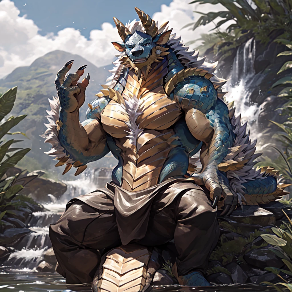 a large, powerful dragon sitting alone in a majestic wilderness, surrounded by ruins and a river with blue skies and white clouds above, the sun shining down, the dragon's chest muscles rippling, its sharp teeth bared in a confident smile, its keen eyes sparkling with pride as it gazes directly at the viewer, its muscular body and wings on full display, ultra-detailed, 4k, best quality, photorealistic
