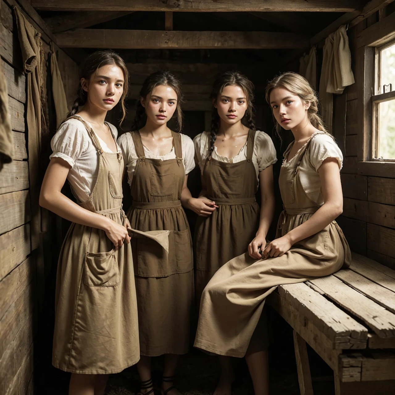 Russian Young Woman Is A Serf Peasant, A Poor Girl , Barefoot , In A Torn Peasant Shirt , A Patched Sundress Dirty , Sweaty Hair In One Braid, Tanned , With Weathered Skin, Sweat Flows , Summer, Hot,Works In A Corvee , Hyperrealism A Lot Of Details, Clarity And Realism, Without Extra Limbs And Fingers