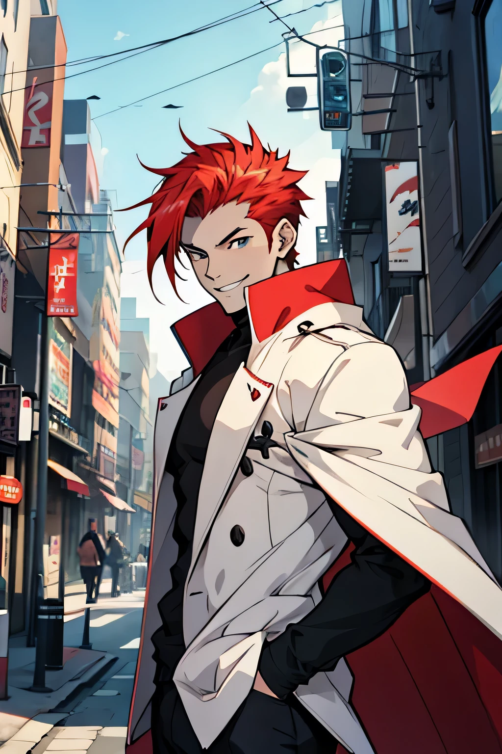man, white skin, smile, strong spiky red hair, anime style, open coat, city background