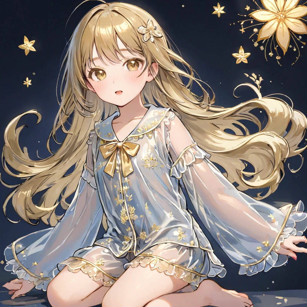 8-year-old girl, 1people、Pajamas、Gold and silver thread embroidery、Wearing semi-transparent bloomers that reach down to the knees、Translucent slip
