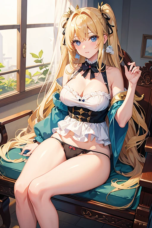 masterpiece, Highest quality, High resolution,Follow the on-screen instructions、Anime Style、One Girl、Princess、Beautiful girl with long blonde hair、I can see her panties、Sit on a chair