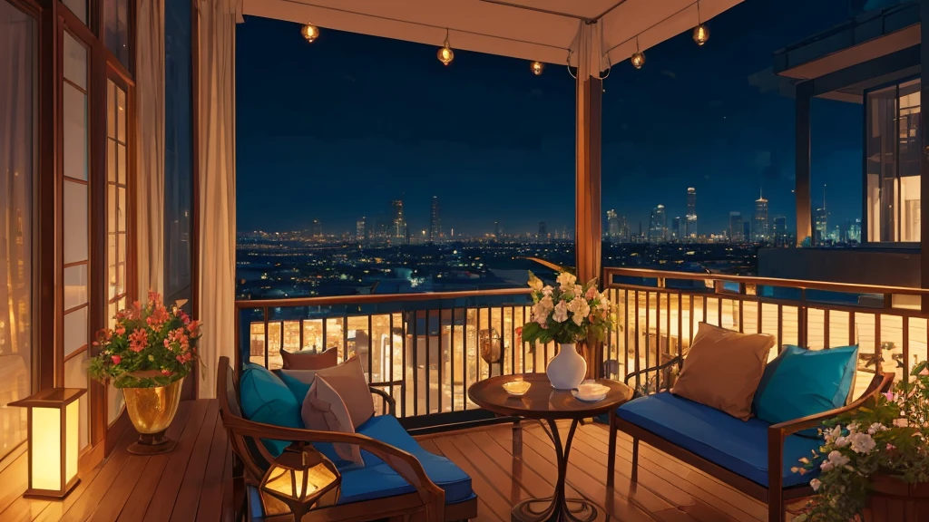 A serene balcony overlooking the bustling city at night is captured in this image. The scene is set with a table adorned with a beautiful vase of flowers, a desk with a lamp, and a potted plant adding a touch of greenery. A cozy bench sits nearby, inviting one to relax and take in the stunning view. The city lights twinkle in the distance, casting a warm glow on the terrace. The color palette consists of deep blues, earthy tones, and accents of gold. This image evokes a sense of calm and sophistication in a city that never sleeps.