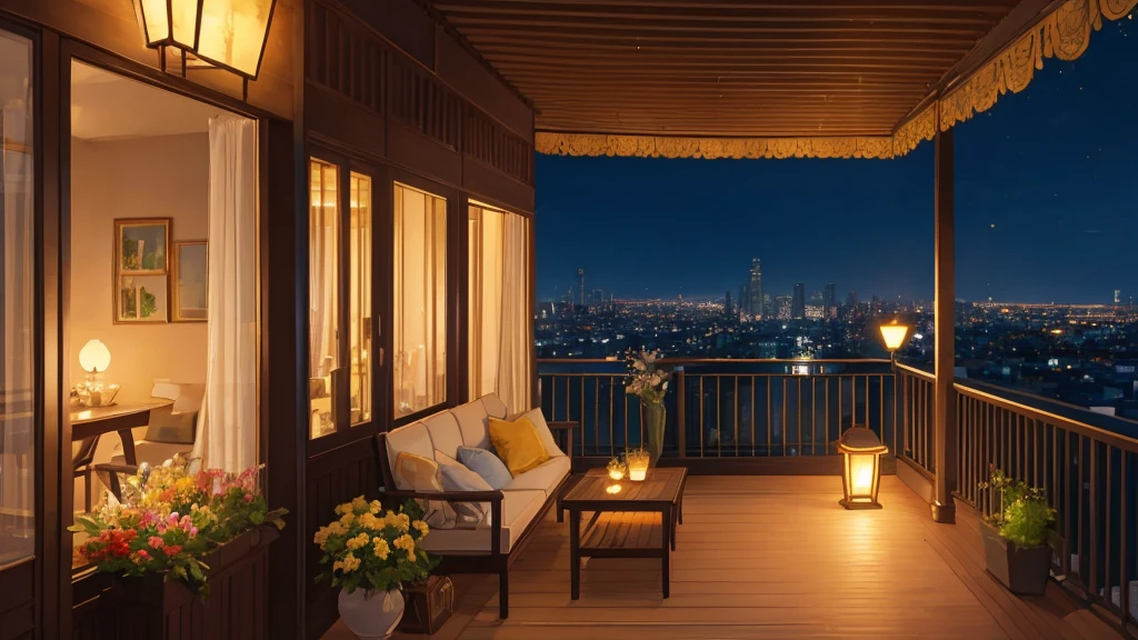 A serene balcony overlooking the bustling city at night is captured in this image. The scene is set with a table adorned with a beautiful vase of flowers, a desk with a lamp, and a potted plant adding a touch of greenery. A cozy bench sits nearby, inviting one to relax and take in the stunning view. The city lights twinkle in the distance, casting a warm glow on the terrace. The color palette consists of deep blues, earthy tones, and accents of gold. This image evokes a sense of calm and sophistication in a city that never sleeps.