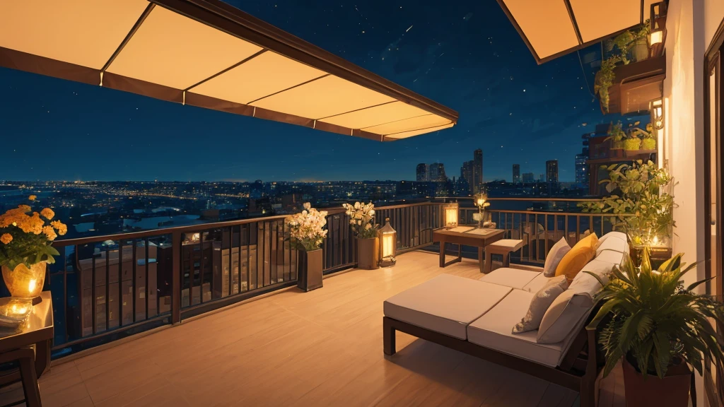 A serene balcony overlooking the bustling city at night is captured in this image. The scene is set with a table adorned with a beautiful vase of flowers, a desk with a lamp, and a potted plant adding a touch of greenery. A cozy bench sits nearby, inviting one to relax and take in the stunning view. The city lights twinkle in the distance, casting a warm glow on the terrace. The color palette consists of deep blues, earthy tones, and accents of gold. This image evokes a sense of calm and sophistication in a city that never sleeps.