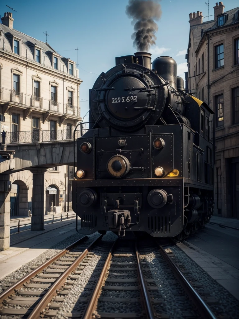 Create a train with black color and yellow details, moving image, passing through the city, Art Canvas, locomotive artistic painting. exuberante, impressive. blue sky. day Of course. city in the background. people walking.

