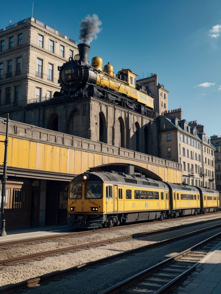 Create a train with black color and yellow details, moving image, passing through the city, Art Canvas, locomotive artistic painting. exuberante, impressive. blue sky. day Of course. city in the background. people walking.