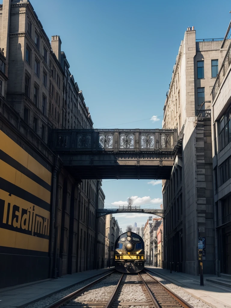 Create a train with black color and yellow details, moving image, passing through the city, Art Canvas, locomotive artistic painting. exuberante, impressive. blue sky. day Of course. city in the background. people walking.