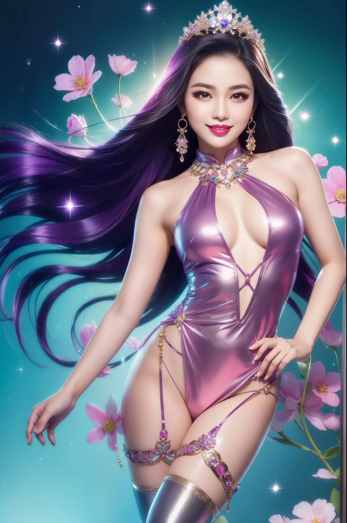sexy Thai model who controls poison、beautiful smile、lip-gloss、bold lipstick、long lashes, metallic makeup、look at the camera、full body Esbian、、sparkling poisoned flower costume、、、、sparkling Colorful hair、secrete poison、skull hair accessories、sexy tights、shiny sparkling flowers background