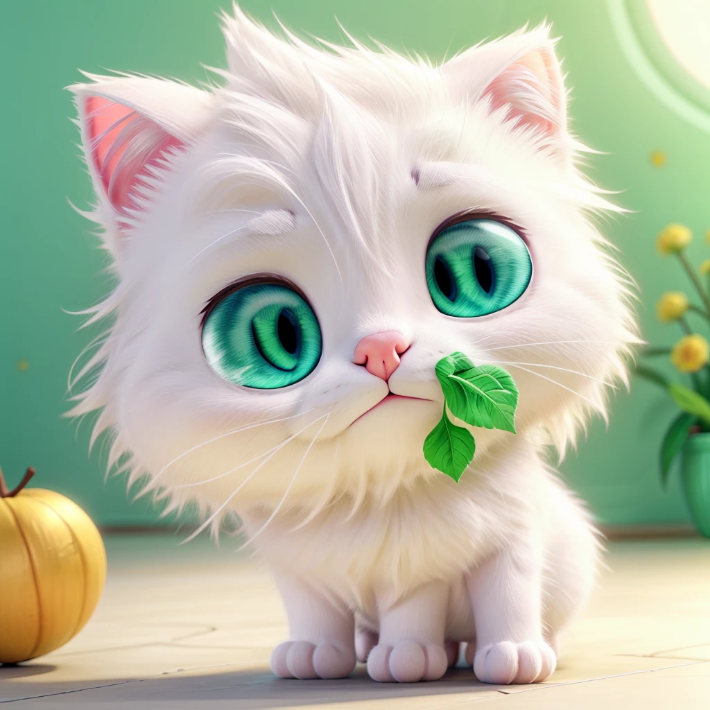 cute white kitten with light green eyes, vector logo, sticker