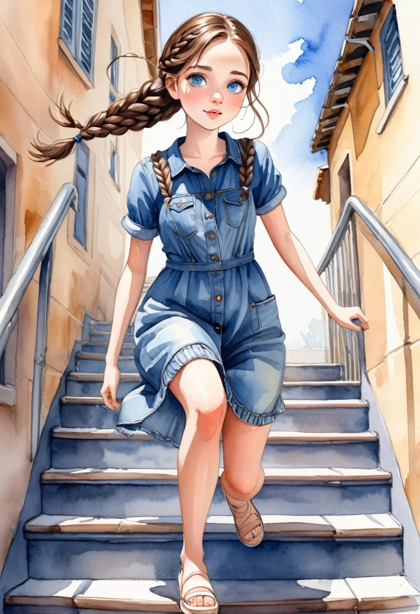 watercolor drawing, a beautiful with brown hair and blue eyes, She wears denim dress, she wears braids in her hair, she is slipping on a stair railing, she seems to be having fun