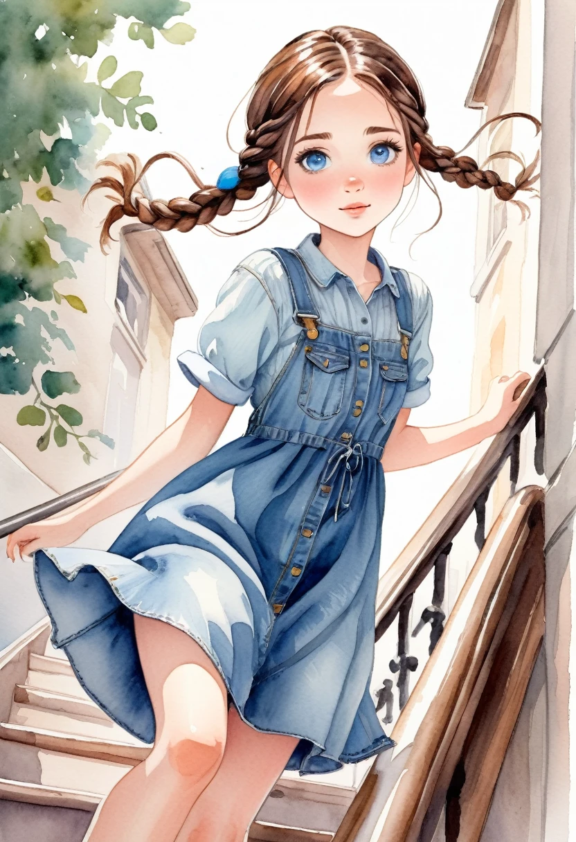 watercolor drawing, a beautiful  with brown hair and blue eyes, She wears denim dress, she wears braids in her hair, she is slipping on a stair railing, she seems to be having fun