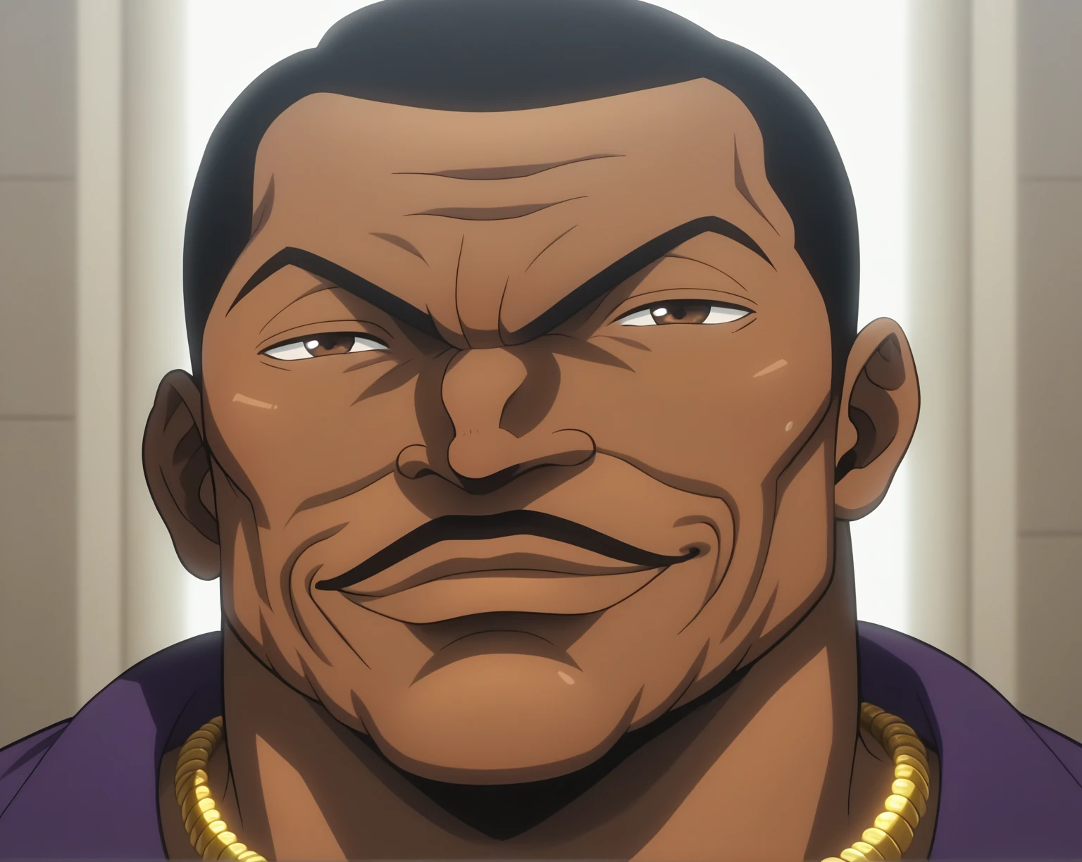 score_9, score_8_up, score_7_up, olivabiscuit, 1boy, solo, purple shirt, necklaces, ring, bracelets, gold, brown eyes, male focus, cocky smirk, looking at viewer, short hair, black hair, dark skin, facial hair, dark-skinned male, muscular male, bara, bald, manly, veins, meme, hand, points his temple, dynamic lighting, glare, extremely detailed, portrait, white background