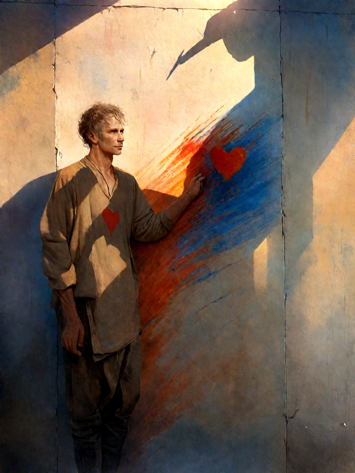 a man drawing a heart on the wall, man with a blue heart, conceptual art of donation, conceptual art, illustration based on Norman Rockwell, detailed realistic portrait, extremely detailed, photorealistic, 8k, hyperdetailed, highly detailed, dramatic lighting, dramatic shadows, dynamic composition, vibrant colors, warm color palette, expressive brushwork, oil painting, acrylic painting, impressionist style, digital art, digital painting