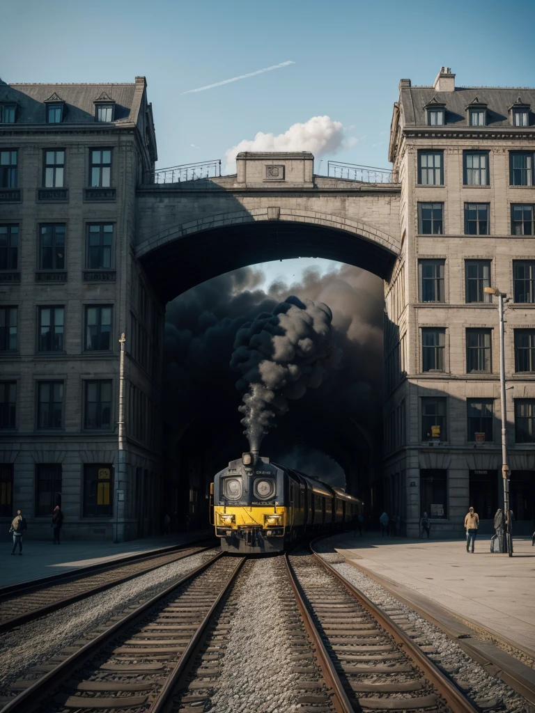 Create a train with black color and yellow details, moving image, passing through the city, Art Canvas, locomotive artistic painting. exuberante, impressive. blue sky. day Of course. city in the background. people walking.