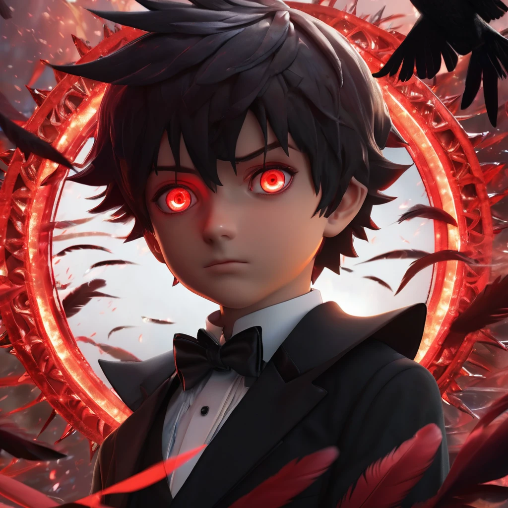 A captivating Dutch-shot of a villain boy with a black tuxedo, his magnificent red crystalline Sharingan eyes awakening and emitting a radiant reflective red light, against a background of falling crow's feathers, 4k, UHD, HDR, ultra-detailed, realistic, photorealistic, sharp focus, physically-based rendering, vivid colors, studio lighting, masterpiece