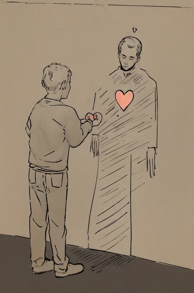 drawing of a man drawing a heart on the wall, man with a blue heart, conceptual artwork de doação, conceptual artwork, illustration based on Norman Rockwell