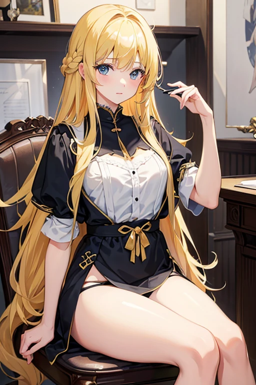 masterpiece, Highest quality, High resolution，Follow the on-screen instructions、Anime Style、One Girl、Princess、Beautiful girl with long blonde hair、Panties glimpsed、Sit on a chair、mini skirt
