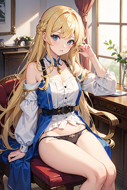 masterpiece, Highest quality, High resolution，Follow the on-screen instructions、Anime Style、One Girl、Princess、Beautiful girl with long blonde hair、Panties glimpsed、Sit on a chair、mini skirt