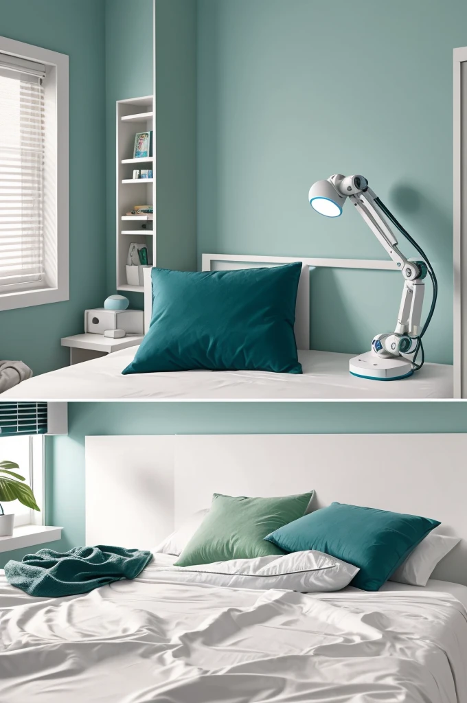 ### Description de Imagen para Generación de IA
**Title:** RoboBed - The Bed Drying Robot
**Description:**
A modern bed with an elegant and minimalist design. On one side of the bed, There is an extendable and flexible robotic arm of metallic color. This arm is equipped with a series of joints that allow it to move in different directions. The end of the arm has a visible laser guidance system, with a small touch control panel and a soft gripper designed to manipulate sheets and blankets without damaging them.
The bed has a white mattress with light colored sheets, carefully folded by robotic arm. At the base of the bed, There is a discreet compartment where the robotic arm retracts when not in use. This compartment has soft LED lights that indicate the status of the robot (green for active, blue for rest).
The environment is a modern and tidy room, with neutral colored walls and minimalist decoration. A window lets in natural light, lighting up the scene and highlighting RoboBed's advanced technology.