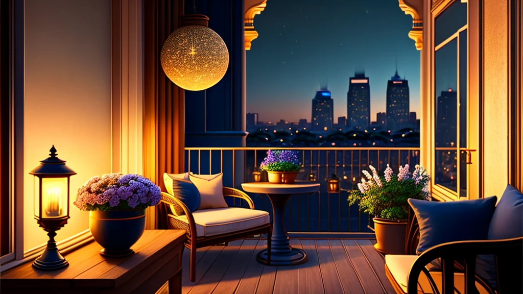 A serene balcony overlooking the bustling city at night is captured in this image. The scene is set with a table adorned with a beautiful vase of flowers, a desk with a lamp, and a potted plant adding a touch of greenery. A cozy bench sits nearby, inviting one to relax and take in the stunning view. The city lights twinkle in the distance, casting a warm glow on the terrace. The color palette consists of deep blues, earthy tones, and accents of gold. This image evokes a sense of calm and sophistication in a city that never sleeps.