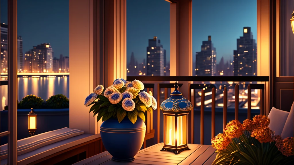 A serene balcony overlooking the bustling city at night is captured in this image. The scene is set with a table adorned with a beautiful vase of flowers, a desk with a lamp, and a potted plant adding a touch of greenery. A cozy bench sits nearby, inviting one to relax and take in the stunning view. The city lights twinkle in the distance, casting a warm glow on the terrace. The color palette consists of deep blues, earthy tones, and accents of gold. This image evokes a sense of calm and sophistication in a city that never sleeps.