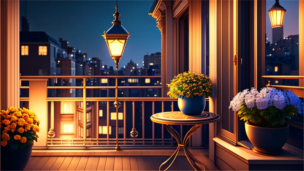 A serene balcony overlooking the bustling city at night is captured in this image. The scene is set with a table adorned with a beautiful vase of flowers, a desk with a lamp, and a potted plant adding a touch of greenery. A cozy bench sits nearby, inviting one to relax and take in the stunning view. The city lights twinkle in the distance, casting a warm glow on the terrace. The color palette consists of deep blues, earthy tones, and accents of gold. This image evokes a sense of calm and sophistication in a city that never sleeps.