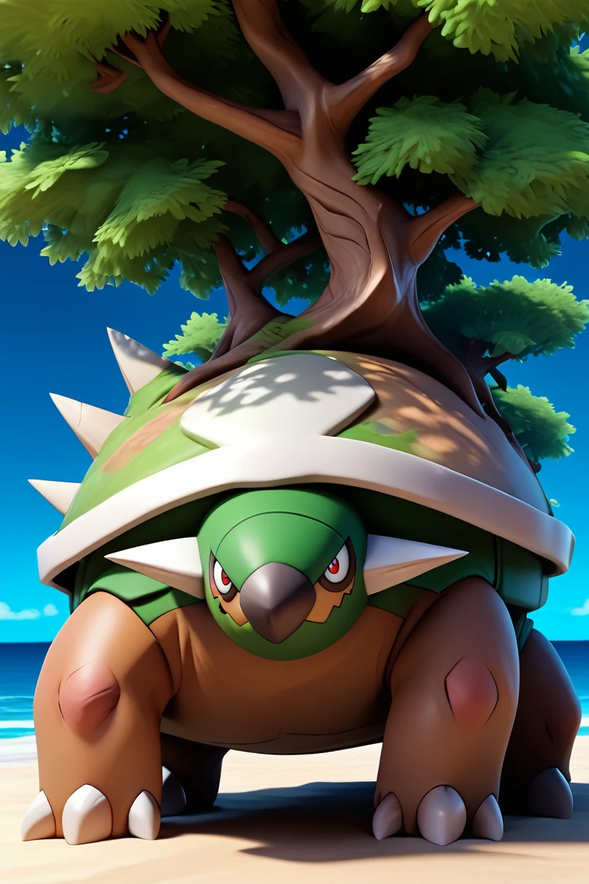 score_9, score_8_up, score_7_up, score_6_up, BREAK torterra, pokemon \(creature\), no humans, tree, solo, sky, claws, red eyes, outdoors, night, closed mouth, spikes, shore,3d,smile, happy 