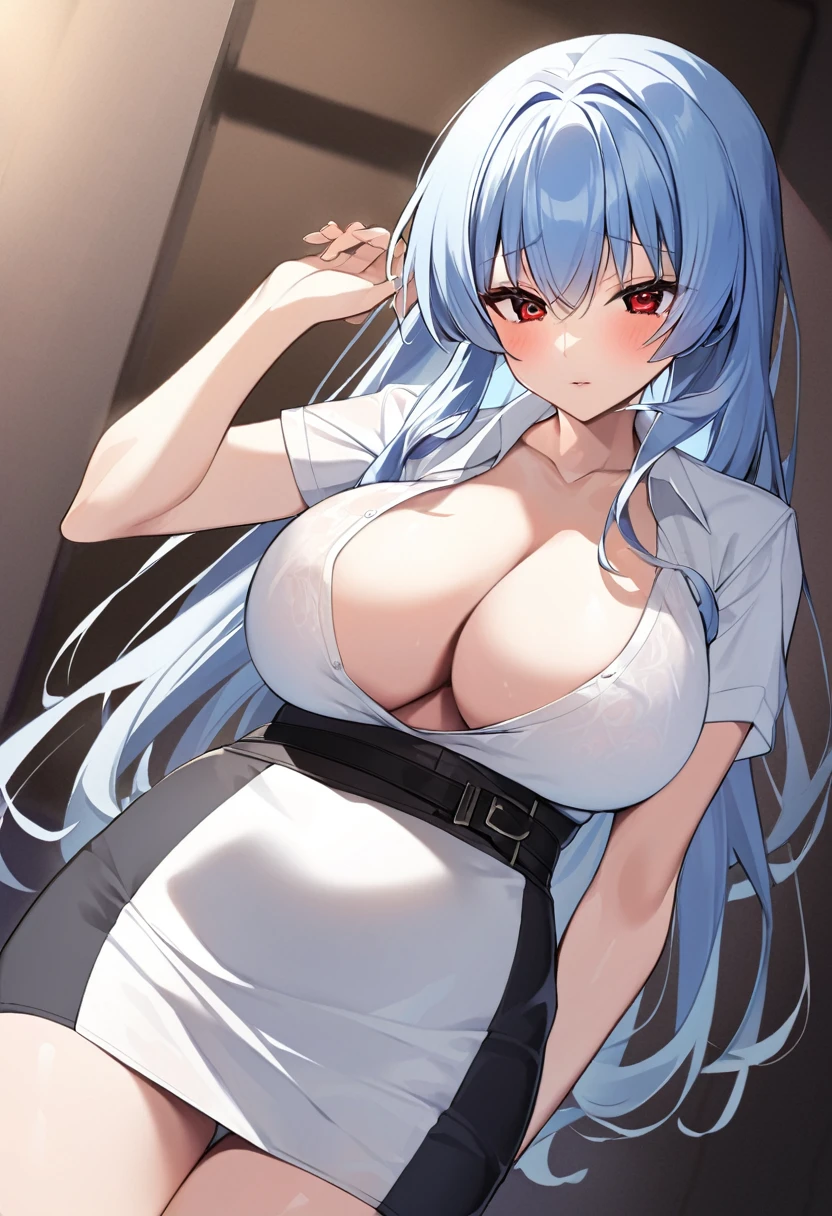 My name is Yukiko.I am a white test woman with long light blue hair,red eye color.I am 1.62 cm tall . My breasts measure 200 cm, my waist 40 cm and my hips 200 cm. Dressed in a low-cut white shirt and a tight black skirt . With big breasts 200 cm