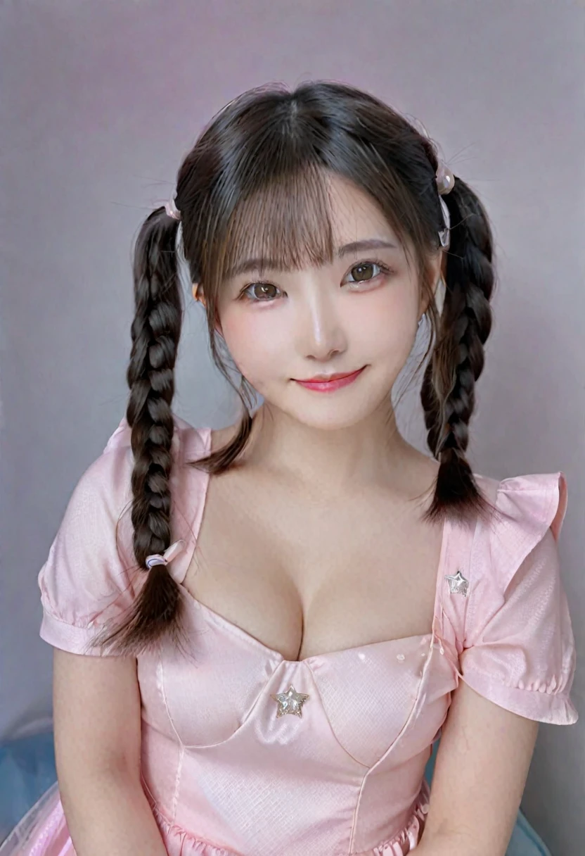 Realistic photos of cute Korean star women, Uneven pigtails, light makeup, Medium breast size, Smile a little, Pink dress,Full Body Shot、  Clear facial features with sharp and realistic details, Sony FE, 35mm, Cinematic lighting, Advanced Details, uhd, high quality, HD, 8K, 16K