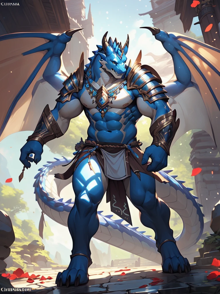 uploaded on e621, (male anthro dragon), standing, 独奏, muscle, detailed scale texture, old castle, (battlefield), (tribal clothing, ((long loincloth))), (shoulder armor, leg armor), (blue body, white belly), (art by Chunie, (drakgem), ((rakisha)), (kontanagamori)), (front view), looking pleasured, [simple background], detailed pupils, masterpiece artwork, caustics, rim lighting, single light source, sharp shadows, 独奏 portrait, (digitigrade), (kemono), by inessa garmash, greg rutkowski, Pino Daeni, Ruan Jia, (light particles), rose petals, 2 wings,sideways