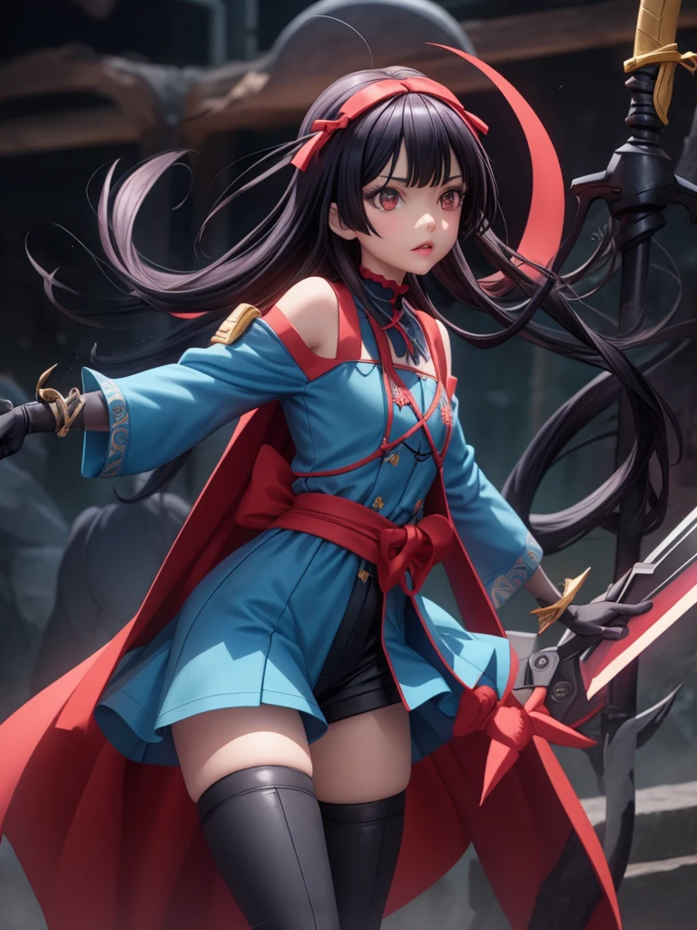 female mascot, small, , Ray-tracing, Waist slender, small, with ancient clothes, detailed, Russian robes, warm clothing, hot pants e botas, with sword in hand, futuristic gun pointing left, pose to the left, detailed doom style sword, large sword with different colors, futuristic sword, cintura small, complex light, cyberpunk sword in hand, sock with horizontal stripes in two colors up to the thigh, complex light, wool, pants with many folds, exclusive gloves, dynamic position, dark look, dark look, giant sword in hand, attacking, belts around the waist, detailed hem, giant laser sword, dark look, shorts, Darkening, Eyes red, Traits I didn't bring, prints, big thorns bracelet, shorth hair, Power spells,High subsurface, High subsurface, occlusion environment, ((dark look)), dark look, black costumes, shorth hair, big gloves, Bodysuit, (tied hair), hair divided into two, full-body vision, hair tied with ribbons and large bows, joelheiras detailed, ((blackquality hair)), ((blue short dress with stylish rip at the waist)),mortal kombat, detailed top, shoulder pads rich in details, Thigh-high boots, hair divided into two, stamped, red details,((sexy)),(((peitões))),(((super sensual))),((seios grandes))