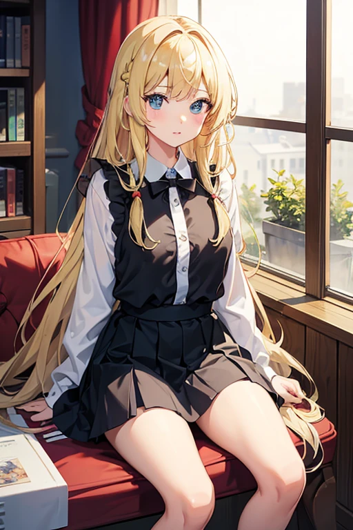 masterpiece, Highest quality, High resolution，Follow the on-screen instructions、Anime Style、One Girl、Princess、Beautiful girl with long blonde hair、Panties glimpsed、Sit on a chair、mini skirt