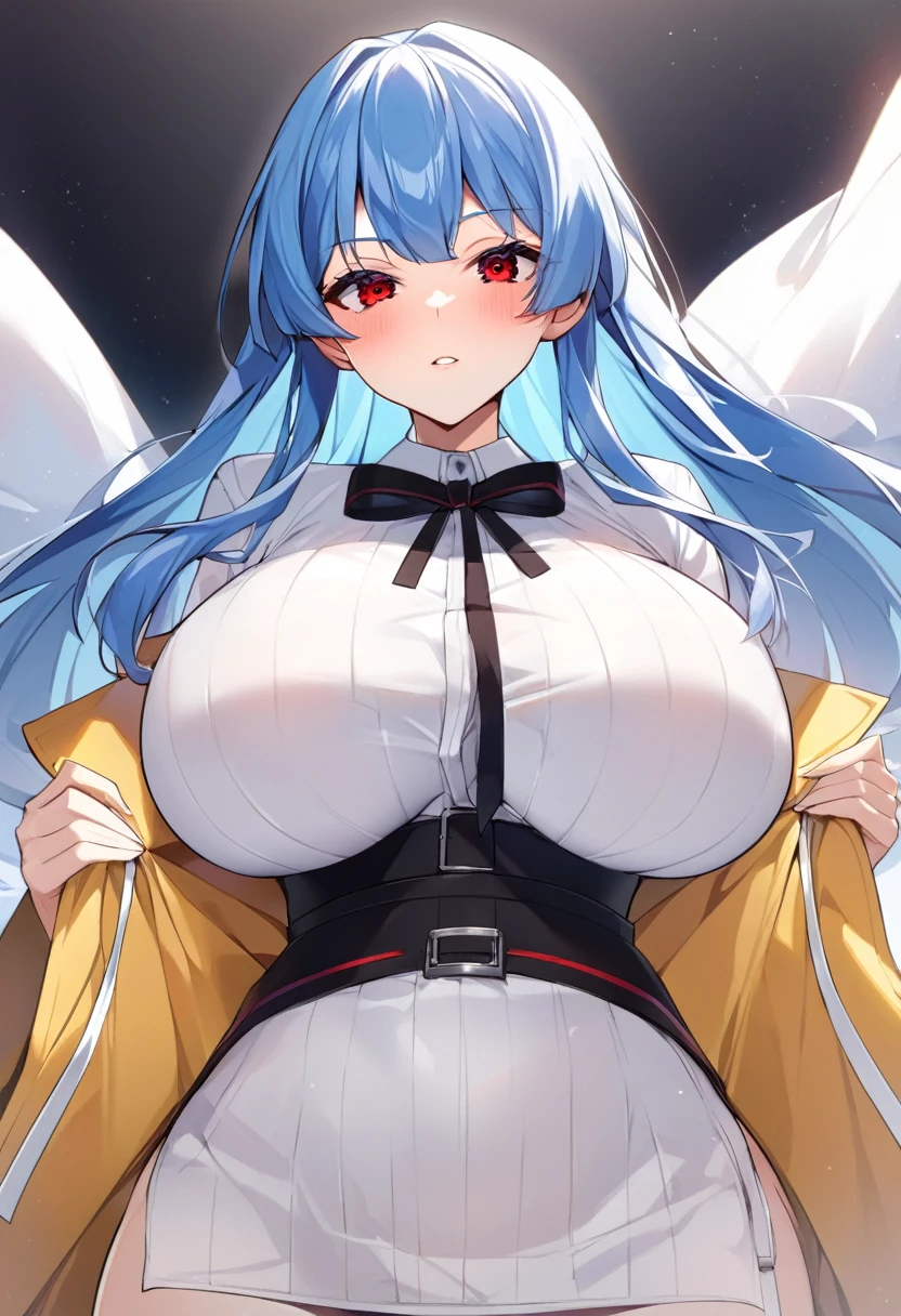 My name is Yukiko.I am a white test woman with long Sky blue hair,red eye color.I am 1.62 cm tall . My breasts measure 200 cm, my waist 40 cm and my hips 200 cm. With big breasts 200 cm