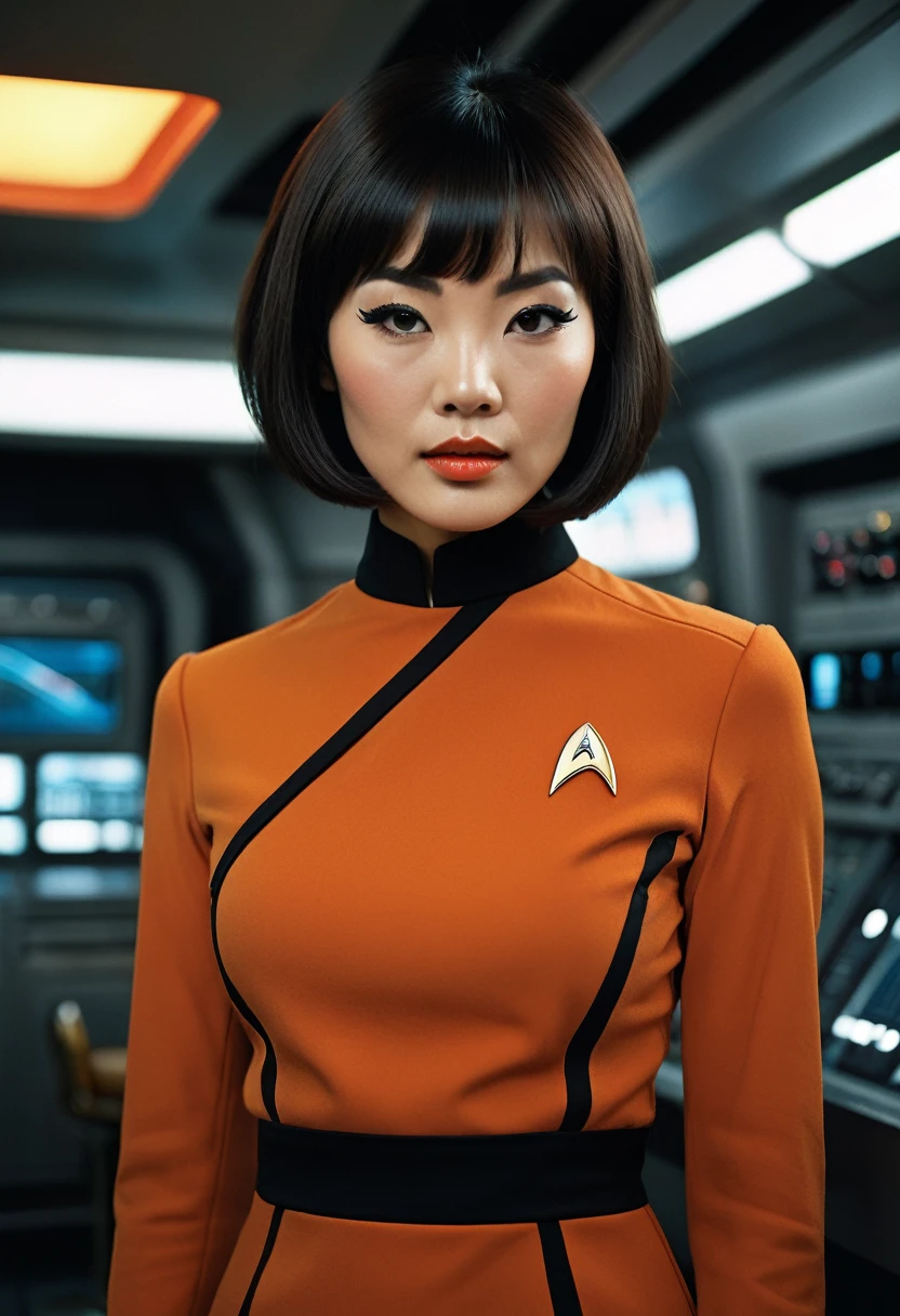 ((wearing star trek original series 70s once piece mini dress bridge crew uniform)) (asian crew member with bob haircut and slim figure) ((in the style of a retro-futuristic, retro-scifi film set) ((in the style of a 70s erotic movie, soft focus, cinematic, pulp, porn, retro porn, 1970s film) ((ultra realistic, detailed and dynamic)) (nikon d850 film 4 kodak portra 400 camera f1.6 lens, rich colors, hyper realistic, lifelike texture, dramatic lighting, cinestill 800 tungsten, (RAW photo, nikon, 8k, Super detailed, advanced details, intricate details, Super detailed), (award winning photo, masterpiece), (photo-realistic) ((anatomically correct, High precision human body, highly detailed face, realistic skin)) Lighting: Face lighting, Ray tracing, reflective light, Structurally correct)