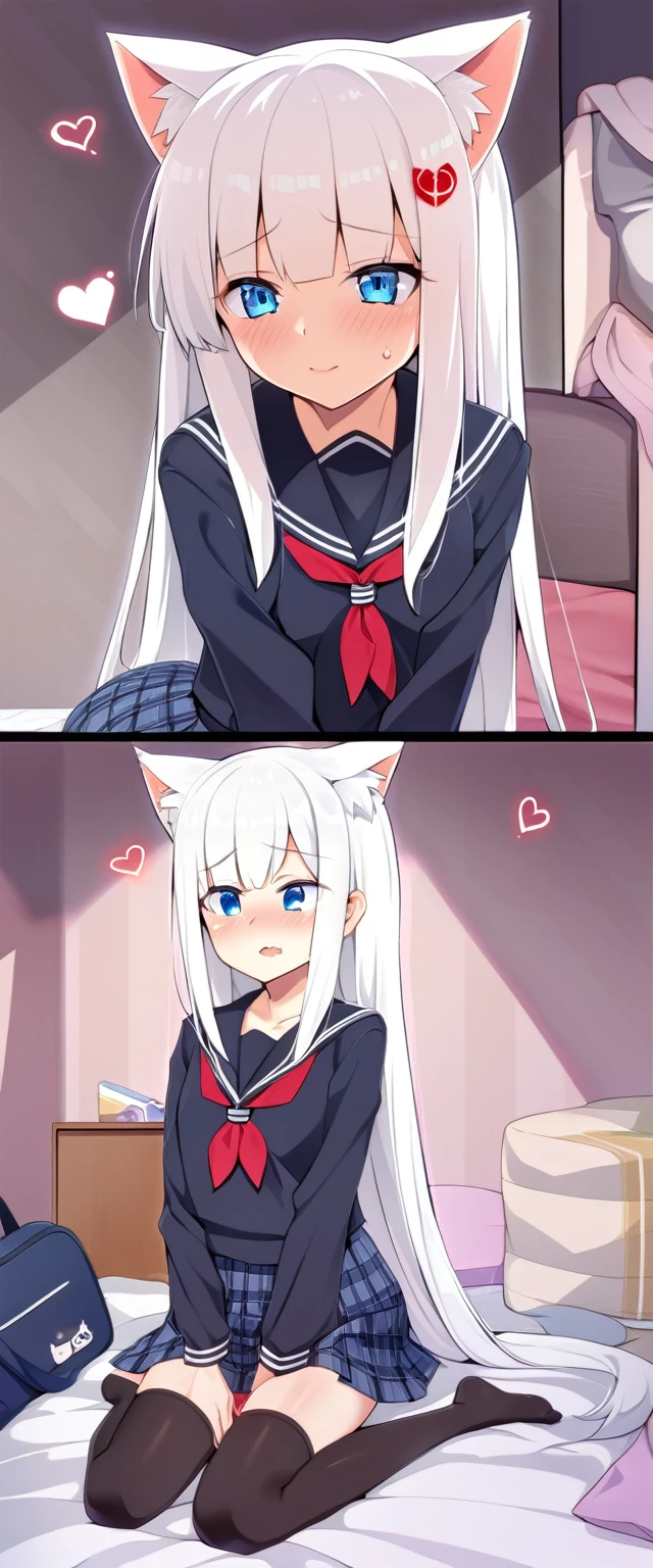 one girl, black sailor uniform, plaid skirt, long sleeve, naive, cat ears, thirteen years old, long hair, light blue eyes, white hair, aphrodisiac, heart mark, hypnosis, on bed, wariza, estrus, pure, sexy face, pure
