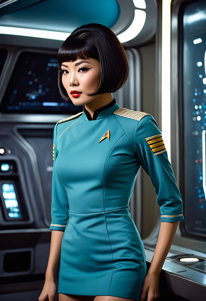 ((wearing star trek original series 70s once piece mini dress bridge crew uniform)) (asian crew member with bob haircut and slim figure) ((in the style of a retro-futuristic, retro-scifi film set) ((in the style of a 70s erotic movie, soft focus, cinematic, pulp, porn, retro porn, 1970s film) ((ultra realistic, detailed and dynamic)) (nikon d850 film 4 kodak portra 400 camera f1.6 lens, rich colors, hyper realistic, lifelike texture, dramatic lighting, cinestill 800 tungsten, (RAW photo, nikon, 8k, Super detailed, advanced details, intricate details, Super detailed), (award winning photo, masterpiece), (photo-realistic) ((anatomically correct, High precision human body, highly detailed face, realistic skin)) Lighting: Face lighting, Ray tracing, reflective light, Structurally correct)