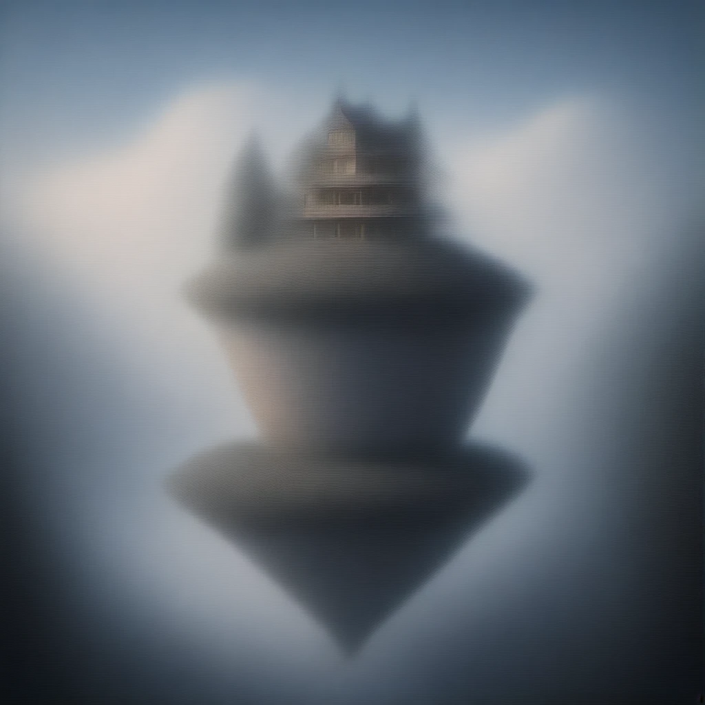 A giant teacup-shaped house, balanced on the tip of a giant spoon, amidst a sea of ​​clouds.