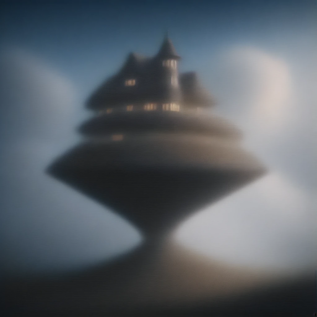 A giant teacup-shaped house, balanced on the tip of a giant spoon, amidst a sea of clouds.