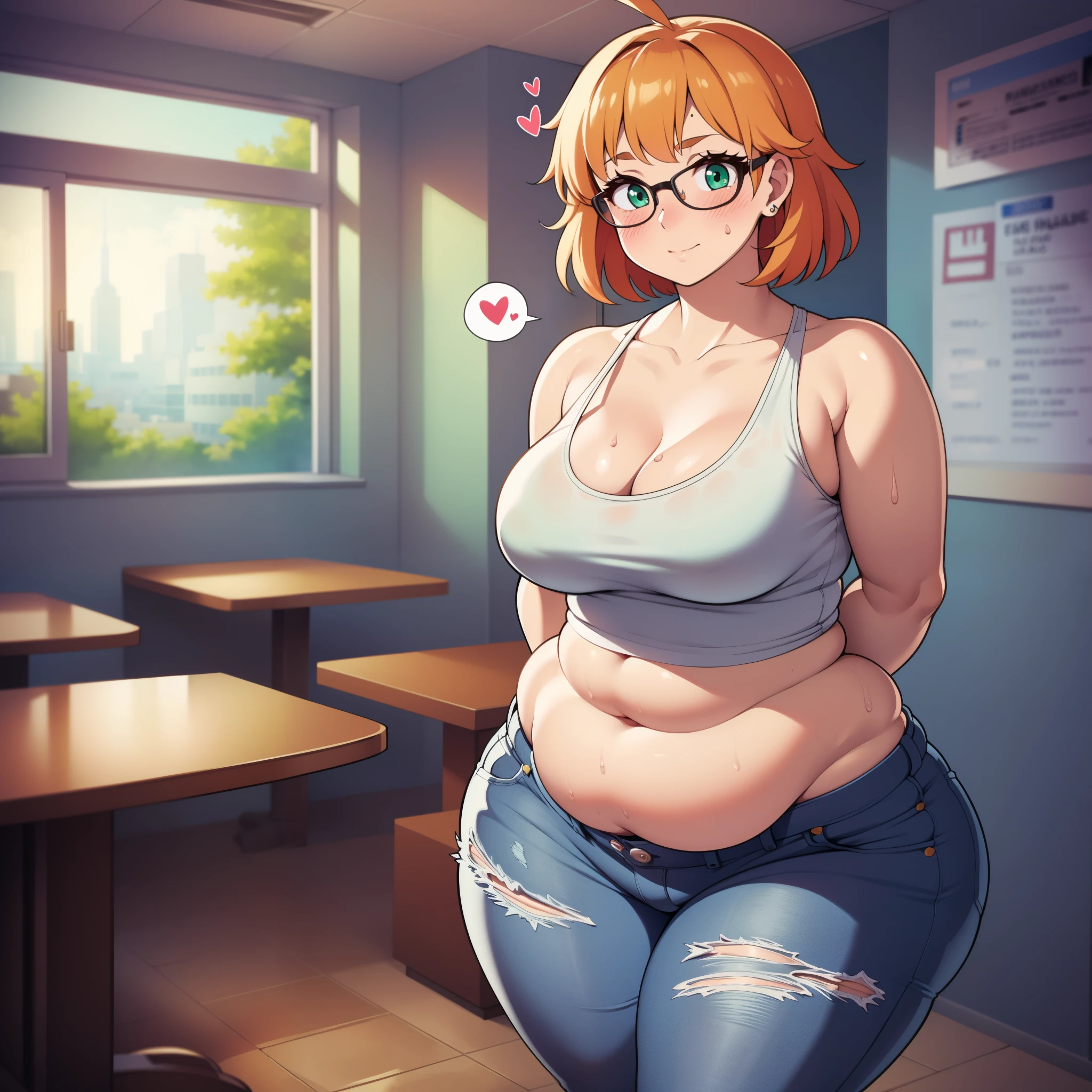 ((highres)), Masterpiece, high quality, best quality, beautiful, perfect lighting, detailed face, ultra cute face, full body, ((1girl)), ((blush)), supervised, looking at viewer, skindentation, short orange hair, fluffy hair, green eyes, glasses, jeans, tank top, tight clothes, full body, small breasts, perky breasts, cleavage, (wide hips), ((thick thighs)), ((chubby)), chubby belly, fat folds, standing, arms behind back, looking at viewer, spoken heart, fast food restaurant, detailed background, table full of food,