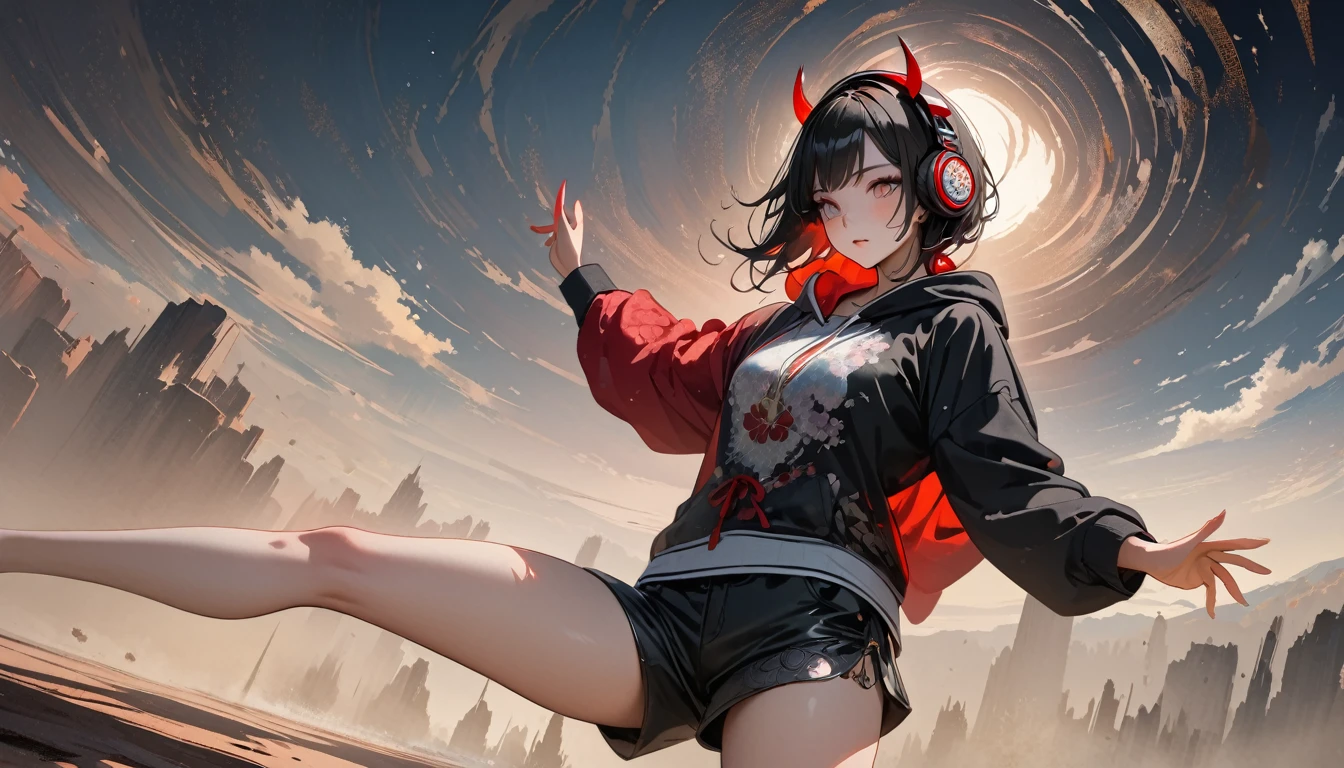 (((8K, Masterpiece, high resolution, highest quality, highest quality real texture skin))), ((wearing Japanese pattern headphones)), (((Girl possessed by a demon))), ((Light colored sunglasses)), (Japanese pattern hoodie, super mini shorts), (Black shiny hair, beige skin), ((dancing)), (surreal, digital painting)