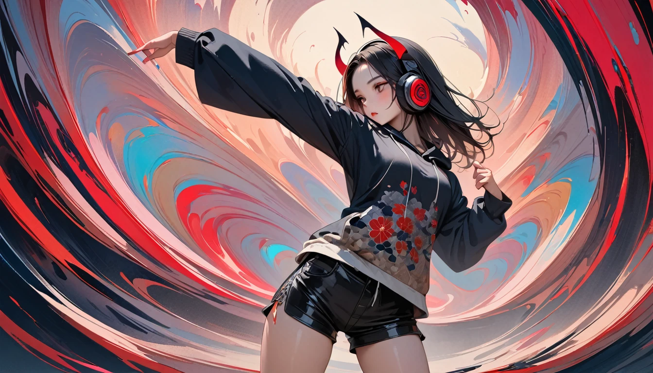 (((8K, Masterpiece, high resolution, highest quality, highest quality real texture skin))), ((wearing Japanese pattern headphones)), (((Girl possessed by a demon))), ((Light colored sunglasses)), (Japanese pattern hoodie, super mini shorts), (Black shiny hair, beige skin), ((dancing)), (surreal, digital painting)