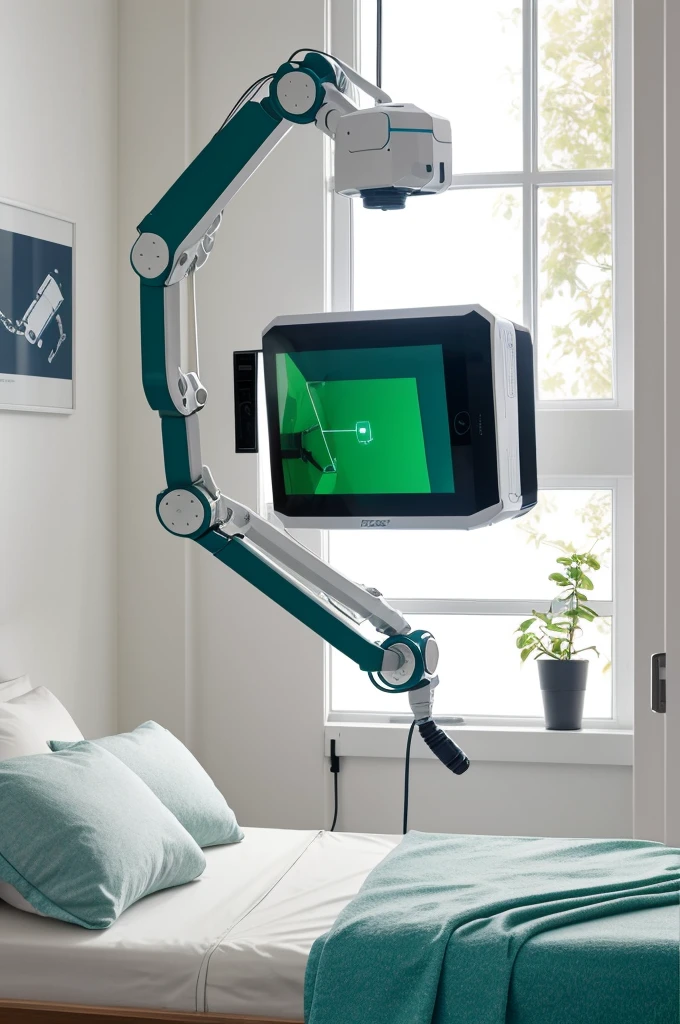 ### Description de Imagen para Generación de IA
**Title:** RoboBed - The Bed Drying Robot
**Description:**
A modern bed with an elegant and minimalist design. On one side of the bed, There is an extendable and flexible robotic arm of metallic color. This arm is equipped with a series of joints that allow it to move in different directions. The end of the arm has a visible laser guidance system, with a small touch control panel and a soft gripper designed to manipulate sheets and blankets without damaging them.
The bed has a white mattress with light colored sheets, carefully folded by robotic arm. At the base of the bed, There is a discreet compartment where the robotic arm retracts when not in use. This compartment has soft LED lights that indicate the status of the robot (green for active, blue for rest).
The environment is a modern and tidy room, with neutral colored walls and minimalist decoration. A window lets in natural light, lighting up the scene and highlighting RoboBed's advanced technology.