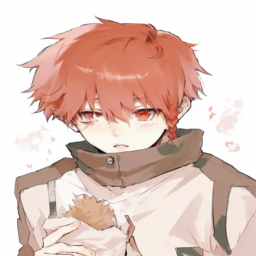 anime boy with red hair, red - cheeks!!, zerochan, zerochan art, with red hair, by Kamisaka Sekka, messy spiked red hair, by Puru, by Shingei, a single braid hanging on the left side of his face.