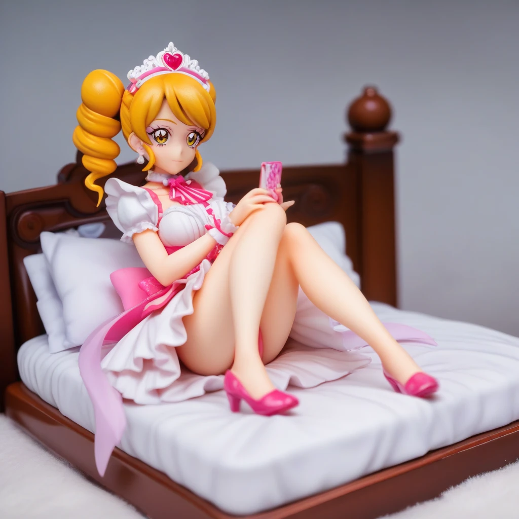 ((Highest quality)), ((masterpiece)), (be familiar with), Perfect Face, Big eyes, Drooping eyes, eyelash, The sparkling light of the eyes, (precure), (Aikatsu!), lolita fashion, (intricate detailed white pink panties), Sitting, (knees together feet apart), whole body, medium breasts, closed mouth, bed room