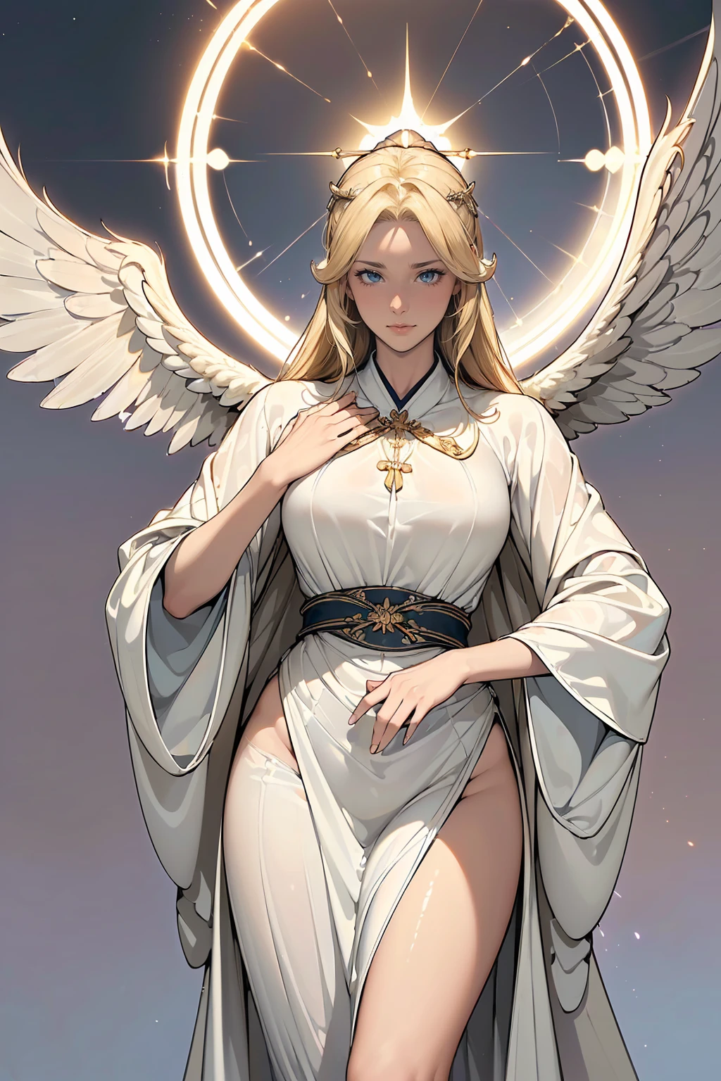 (masterpiece,top quality,high quality)), ((8K wallpaper unified with high definition CG)), (huge stunning goddess shot, jaw dropping beauty, perfect proportions, beautiful body, slim body beauty:1.1), a contemporary religious painting, (((Thirteen angels appear in the pre-dawn sky))), ((beautiful blond hair and thin long robes fluttering:1.4)), (Circle of Angels, angel halo), (rings of light above their heads, large wings of light on their backs:1.5), (each of them holding a weapon in her hand and looking down on the city from above:1.2), ((view from below)),