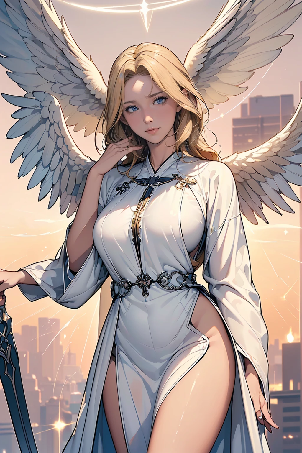 (masterpiece,top quality,high quality)), ((8K wallpaper unified with high definition CG)), (huge stunning goddess shot, jaw dropping beauty, perfect proportions, beautiful body, slim body beauty:1.1), a contemporary religious painting, (((Thirteen angels appear in the pre-dawn sky))), ((beautiful blond hair and thin long robes fluttering:1.4)), (Circle of Angels, angel halo), (rings of light above their heads, large wings of light on their backs:1.5), (each of them holding a weapon in her hand and looking down on the city from above:1.2), ((view from below)),